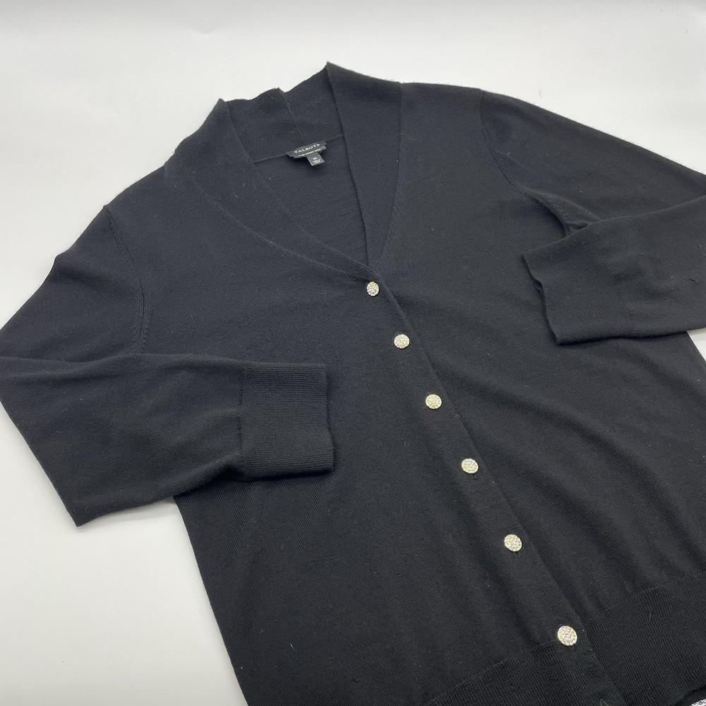 Talbots Black Long Sleeve Sweater Cardigan Size Medium Buttons 100% Wool